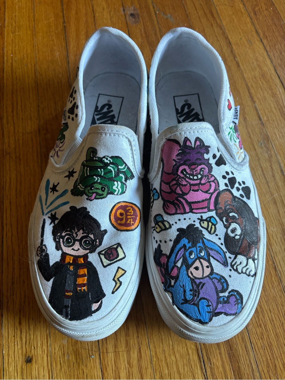 Vans White Slip-On Sneakers with Hand-Painted Harry Potter & Disney Characters